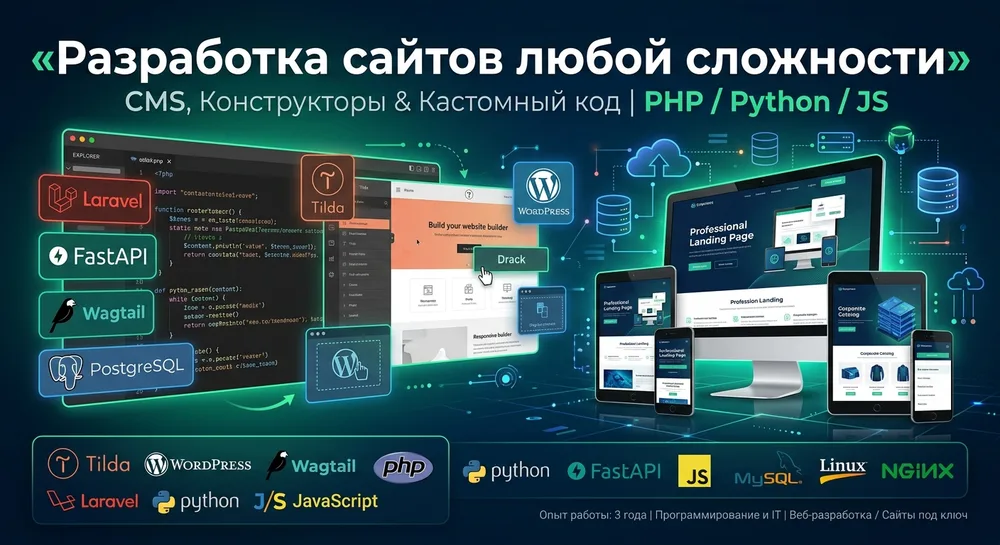 Разработка сайтов любой сложности под ключ (CMS, Фреймворки, Конструкторы)
